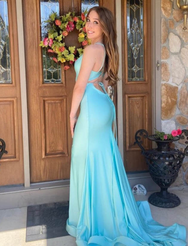 Model wearing a blue gown